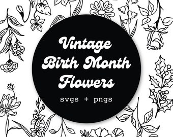 Tallos de flores del mes de nacimiento de estilo vintage + Nombres científicos SVG + Paquete PNG, Arte botánico DIY para impresión + Camisas + Mercancía, B&N, Cricket
