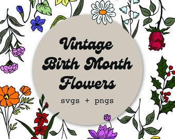 Paquete de tallos de flores de mes de nacimiento de estilo vintage + nombres científicos SVG + PNG, arte botánico DIY para imprimir + camisetas + merchandising, coloreado, Cricket