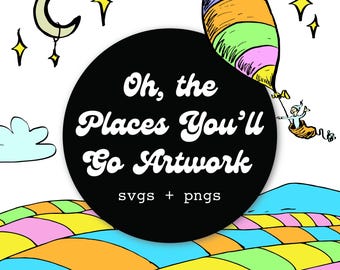 Oh, los lugares a los que irás SVG + PNG Bundle, fiesta de cumpleaños del Dr. Seuss DIY + evento temático, arte de fiesta para imprimir + camisetas + merchandising, color, cricket