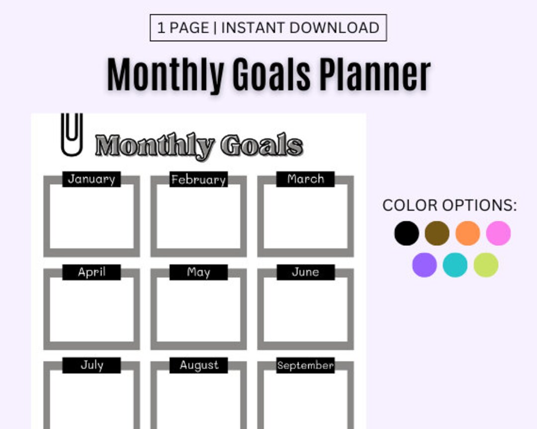 Monthly Goals Planner, Printable Goal Planner, Monthly Goals Calendar