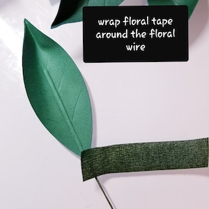May include: Green floral tape is wrapped around a green floral wire. The text "wrap floral tape around the floral wire" is written on a black rectangle.