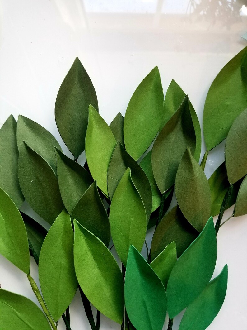 May include: A bunch of green paper leaves, arranged in a fan shape, on a white background.