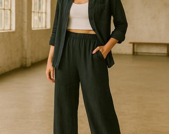 Camisa e calça de linho 100% linho para mulheres, roupas de linho puro, camisa de linho puro com botões e calças largas, traje boho de verão