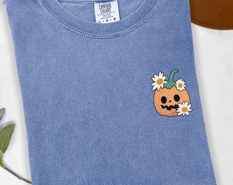 Embroidered Cute Pumpkin Tshirt, Embroidered Halloween Shirt, Comfort Colors® Halloween Flower Pumpkin Tshirt, Embroidery Pumpkin Shirt