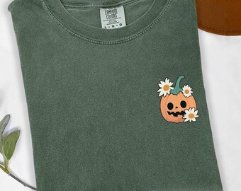 Embroidered Cute Pumpkin Tshirt, Embroidered Halloween Shirt, Comfort Colors® Halloween Flower Pumpkin Tshirt, Embroidery Pumpkin Shirt
