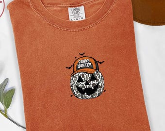 Embroidered Pumpkin Halloween Tshirt, Embroidered Halloween Shirt, Comfort Colors® Halloween Tee, Cute Candy Hunter Shirt, Embroidery Shirt
