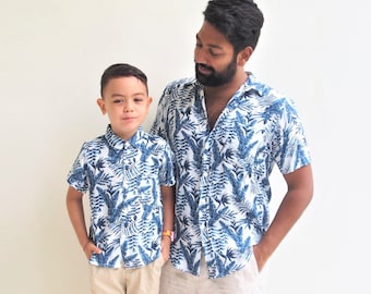 Father and son matching shirts - Blue leaves, Father and Son Outfit, Hawaiian shirts, dad and son shirts, matching Outfits, Gift for him,