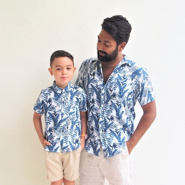 Father and son matching shirts - Blue leaves, Father and Son Outfit, Hawaiian shirts, dad and son shirts, matching Outfits, Gift for him,