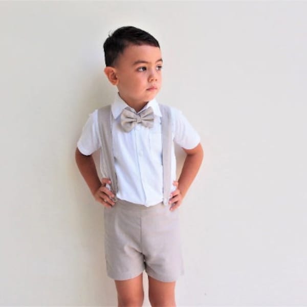 3pcs. Boy Linen suit - Beige, Christening Outfit, Suspender Shorts, Linen Shorts, Page Boy outfit, Ring Bearer, Boy Wedding suit