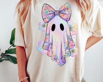 Comfort Colors® Iridescent Ghost Pumpkin Tshirt, Coquette Halloween Shirt, Cute Ghost Shirt, Iridescent Ghost Tshirt, Girly Halloween Tshirt