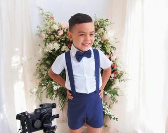 3pcs. Boy Linen suit - Navy, Christening Outfit, Suspender Shorts, Linen Shorts, Page Boy outfit, Ring Bearer, Baptism boy, Boy Wedding suit