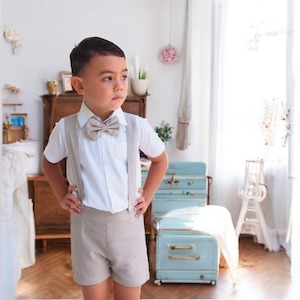 3pcs. Boy Linen suit - Beige, Christening Outfit, Suspender Shorts, Linen Shorts, Page Boy outfit, Ring Bearer, Boy Wedding suit
