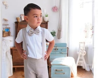 3pcs. Boy Linen suit - Beige, Christening Outfit, Suspender Shorts, Linen Shorts, Page Boy outfit, Ring Bearer, Boy Wedding suit