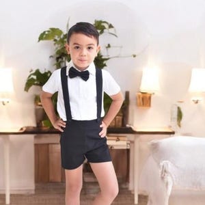 3pcs. Boy Linen suit - Black, Christening Outfit, Suspender Shorts, Linen Shorts, Page Boy outfit, Ring Bearer, Boy Wedding suit
