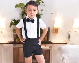 3pcs. Boy Linen suit - Black, Christening Outfit, Suspender Shorts, Linen Shorts, Page Boy outfit, Ring Bearer, Boy Wedding suit
