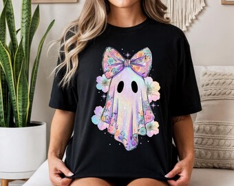 Comfort Colors® Iridescent Ghost Pumpkin Tshirt, Coquette Halloween Shirt, Cute Ghost Shirt, Iridescent Ghost Tshirt, Girly Halloween Tshirt