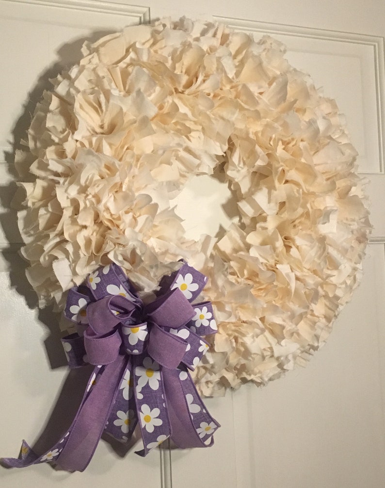 White and Linen Colored Rag Wreath Easter Front Door Decor Treasures by Tricia A. Spring Decor