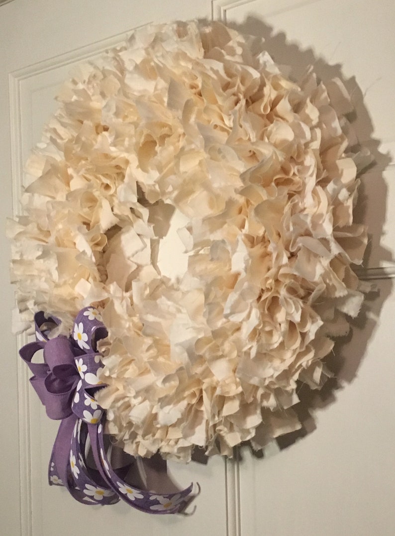 White and Linen Colored Rag Wreath Easter Front Door Decor Treasures by Tricia A. Spring Decor