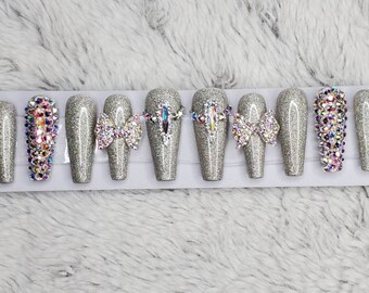 Super Bling silver holographic Chrome nails with bling and metallic bling bow swarvoski Press On coffin nails