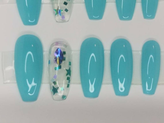 Baby Blue Nails With Teal Glitter And Stars Glow In The Dark No Black Light Needed Bling Coffin Press On Nails Full Set Any Shape