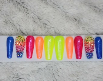 Néon arc-en-ciel paillettes ongles bling avec cristaux iridescents ballerine effilée toute forme appuyez sur les ongles LIVRAISON GRATUITE