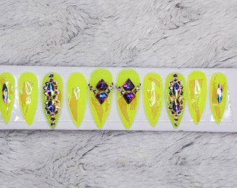 Super bling bright Neon yellow  hologram effect nails with crystals - long sharp stiletto press on nails any shape