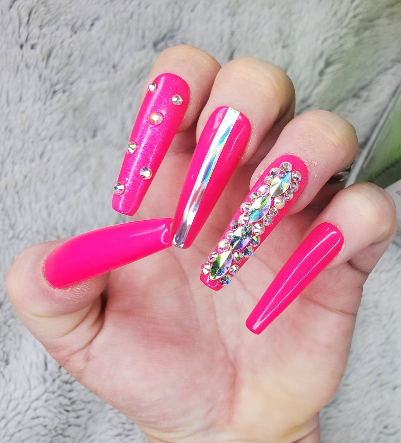 Extra Long Coffin Press On Nails Neon Pink Bling Soft Gel Etsy Extra Long Coffin Press On Nails Neon Pink Bling Soft Gel Etsy