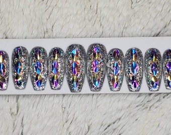 Super Bling press on nails, silver holographic glitter nails with 30 large AB crystals, holiday nails diamond bridal set luxury stiletto