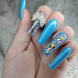 Royal Blue Bling Nails With Silver Glitter And Crystal Diamond Etsy Royal Blue Bling Nails With Silver Glitter And Crystal Diamond Etsy