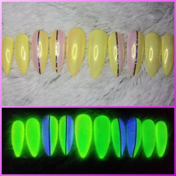 Pastel Yellow Ombre Nails Glow In The Dark Almond Stiletto Press On Nails Full Set Summer Nails