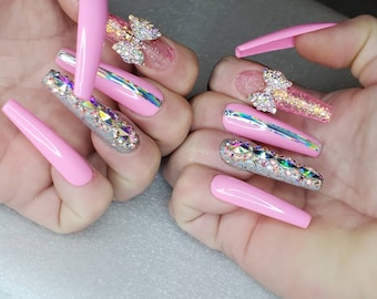 Ongles cercueil extra-long appuyez sur les ongles d’autres formes disponibles, bébé rose bling Crystal conseils arc fait avec gel doux très robuste xl barbie ensemble