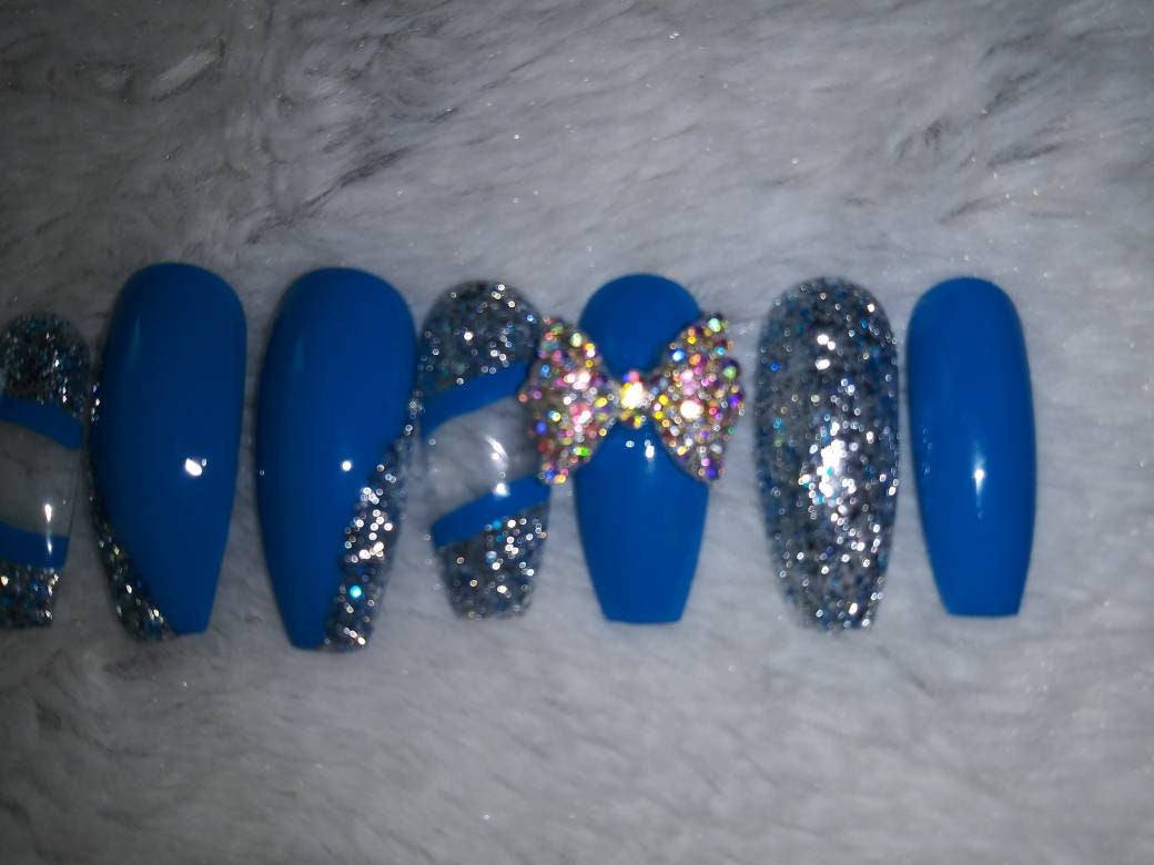 Royal Blue Bling Nails With Silver Glitter And Crystal Diamond Etsy Royal Blue Bling Nails With Silver Glitter And Crystal Diamond Etsy