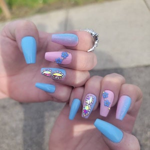 Baby blue & baby pink flower nails - coffin any shape bling ombre floral crystal press on nails for spring baby shower