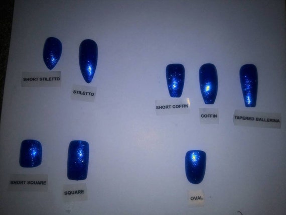 Blue White Glitter Press On Nails With Blue Crystals Coffin Bling Nails Any Shape