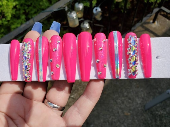 Extra Long Coffin Press On Nails Neon Pink Bling Soft Gel Etsy Extra Long Coffin Press On Nails Neon Pink Bling Soft Gel Etsy
