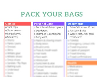 Colorful Printable Packing Travel List, Template, Checklist, Planner - Digital Download PDF - Ladies Women's