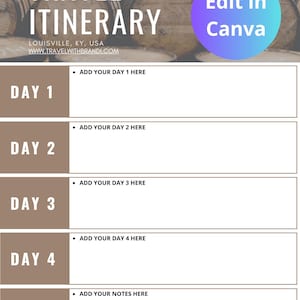 May include: A travel itinerary template with the words "TRAVEL ITINERARY" in large text. The template includes sections for days 1-4 and notes, with prompts to add details. The background features a blurred image of wooden barrels.