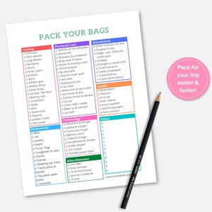 Colorful Printable Packing List, Travel Packing Checklist, Vacation Packing List Planner - Digital Download PDF - Ladies Women&#39;s