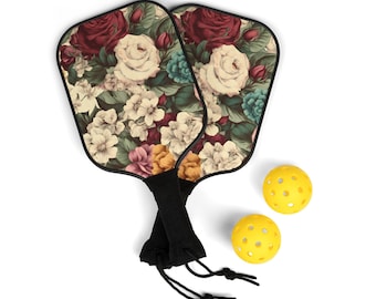Floral Pickleball Paddle Set 2 Paddles and 2 Balls in Carry Bag, Pickleball Gift for Her, Pickleball Paddles for Mom Vintage Flower Print