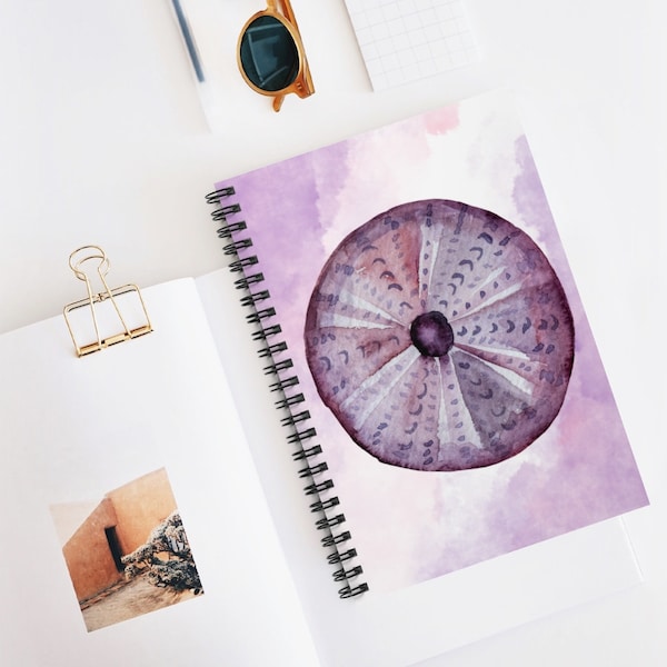 Watercolor Crustaceancore Purple Sea Urchin Journal,  Writers Gift Spiral Ruled Lined Notebook, Ocean Lovers Gift, Beautiful Daily Journal