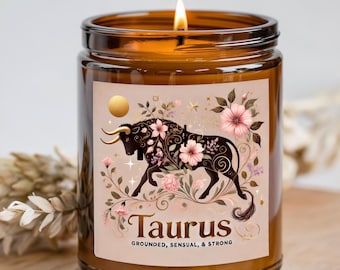 Taurus Zodiac Candle, Hand-Poured Eco-Friendly Luxury Coconut Apricot Wax, Astrology Gift for Taurus Birthdays & Home Decor, Star Sign Gift