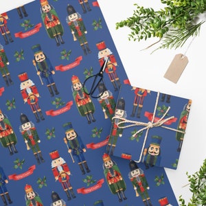 Merry Christmas Nutcrackers Wrapping Paper, Blue Holiday Gift Wrap, Cute Nutcracker Gift Wrap Red and Green, Kids Wrapping Paper