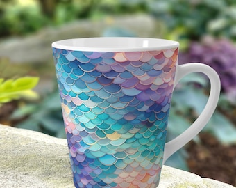 Mermaid Latte Mug, 12 oz Mermaid Tail Coffee Mug, Beach Lover Mug, Mermaid Theme Gift for Women, Ocean Vibe Mug, Aqua Scales Coffe Mug