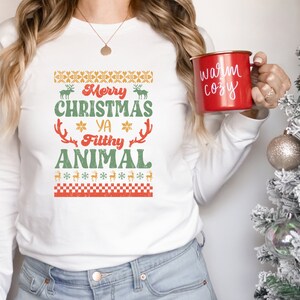 メリークリスマス、いや汚い動物シャツ - お祝いの醜いクリスマスセーター長袖シャツ、面白いレトロなホリデーシャツ、ホワイトエレファントギフト