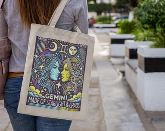 Gemini Zodiac Tote Bag: Celestial Starlight & Chaos Design