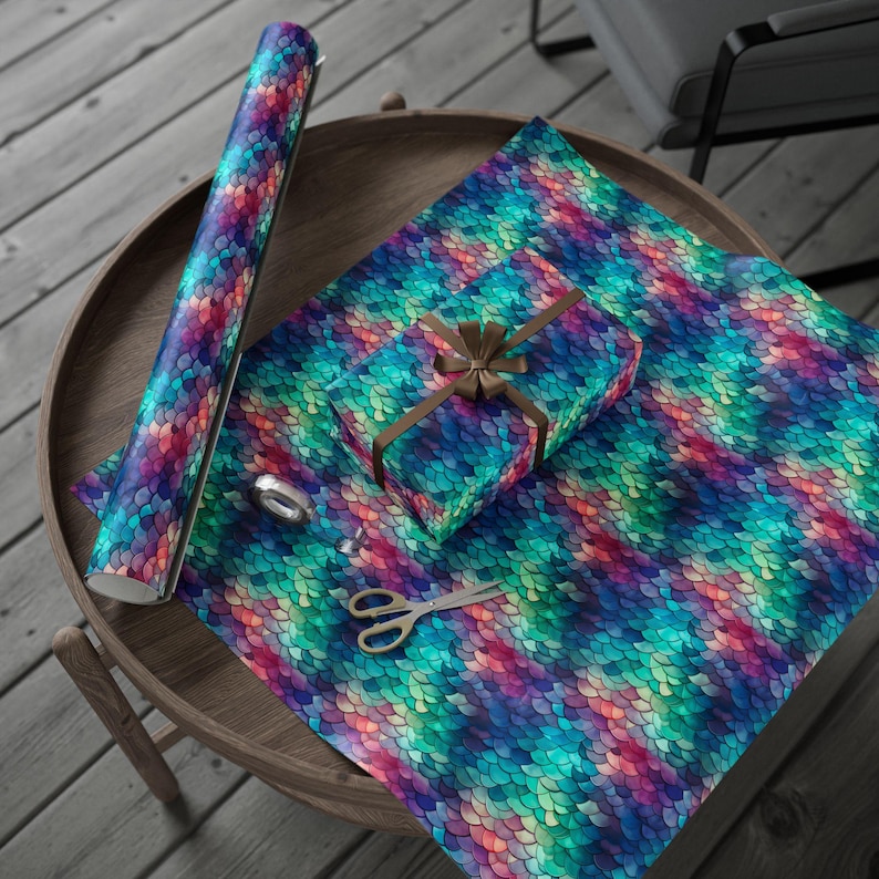Mermaid Wrapping Paper, Mermaidcore Gift Wrap, Green Purple Pink Blue Scallop Wrapping Paper, Gift Wrap for Her, Birthday Gift Wrap Paper image 4