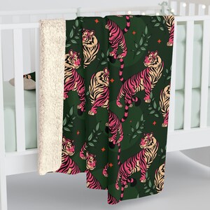 Boho Tiger Sherpa Fleece Blanket: Green Safari Home Decor