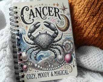 Zodiac Cancer Spiral Notebook, Astrology Gift, Spritiual Gift for Friend, Journal for Creatives, Water Sign Notebook, Mystical Moon Journal