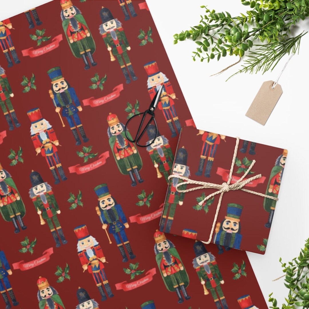 Merry Christmas Nutcrackers Wrapping Paper, Red Holiday Gift Wrap, Cute