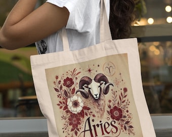 Aries Tote Bag,  Astrology Fire Sign Gift,  Aries Boho Tote,  Zodiac Gift Bag, Spiritual Friend Birthday Gift, Zodiac Canvas  Grocery Bag